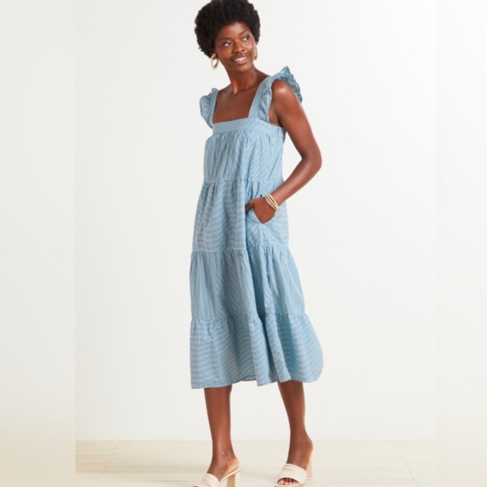 Nation LTD Large Camille Midi Sundress Spritz Stripe Mint Blue Tiered Resort